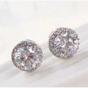 Round Cut CZ White Silver Stud Earrings